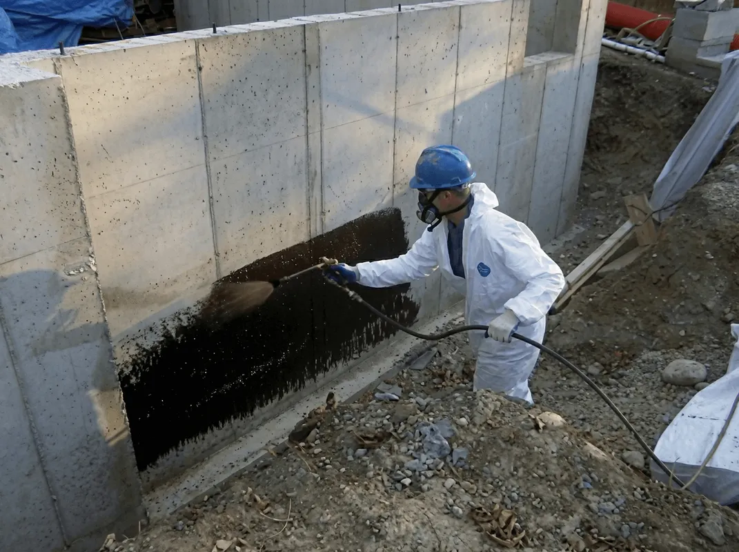 Professional waterproofing the exterior walls of the basement in South Bend, IN